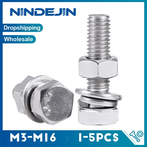 1-5 juegos de pernos y tuercas de cabeza hexagonal con arandelas planas, arandelas de bloqueo de resorte, tornillo y tuerca de cabeza hexagonal de acero inoxidable 304 DIN933