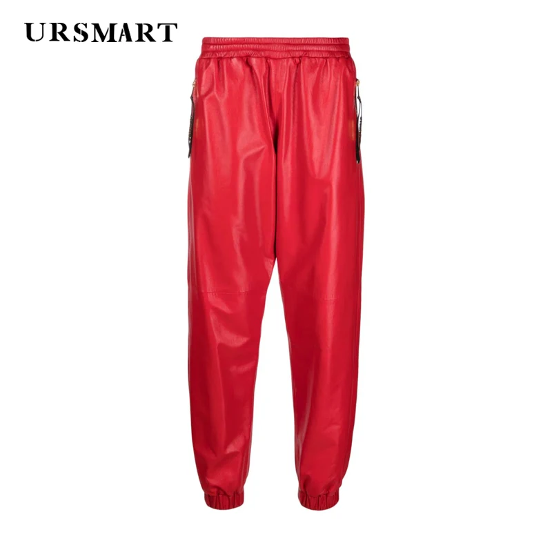 Fashionable red genuine leather men's pants British trendy spring and autumn new products customized sheepskin pants for men