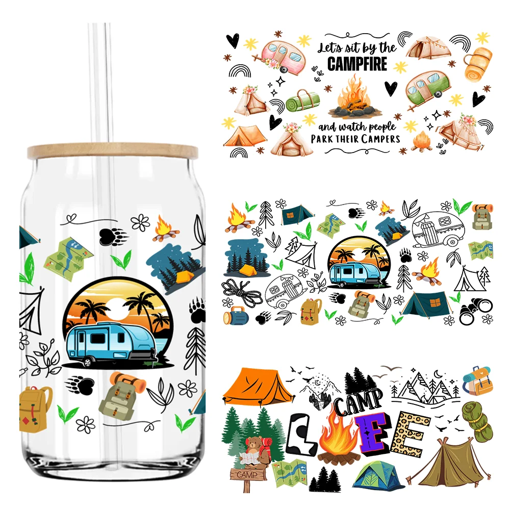 

Outdoor Campfire Camp Life 16OZ UV DTF Cup Wrap Transfer Stickers Custom Labels DIY Durable Waterproof Logo For Libbey Glass Can