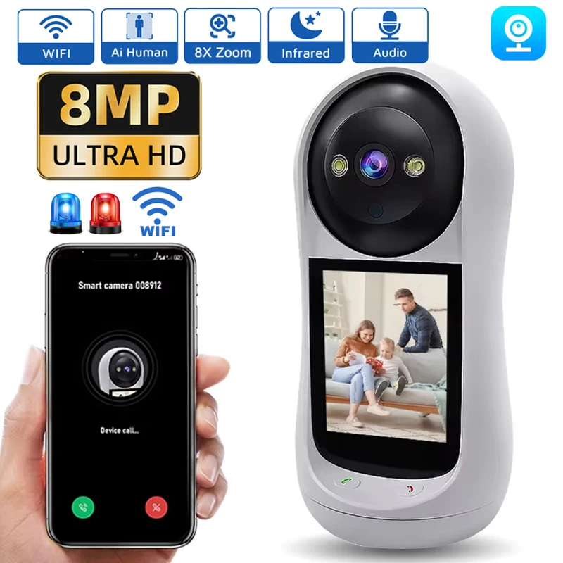 

8MP Wifi Camera Video Call with 2.8 Inch IPS Screen Baby Cry Sound Detection Wireless Security IP Camera Baby Monitor V380 CCTV