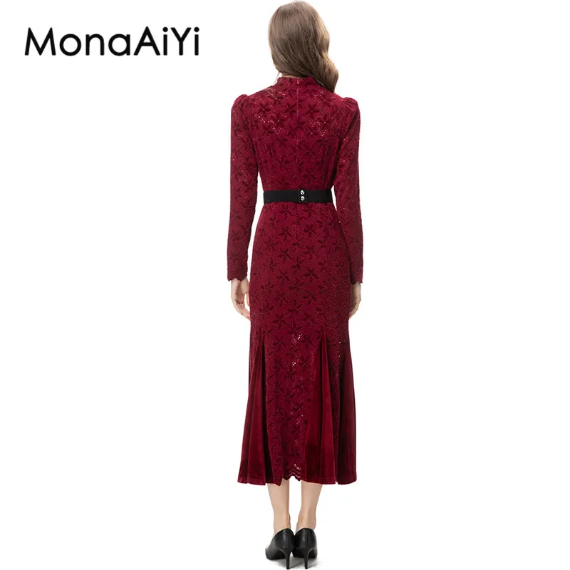 MonaAiYi New Fashion Designer Women's Sweetheart Collar Long Sleeved Four Leaf Grass Pattern Chinese Style Casual red Dress