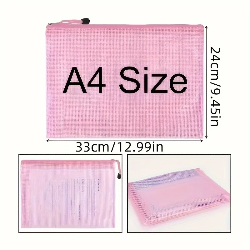 2-10pcs A4 Mesh Zipper Pouch Document Bag Waterproof Plastic Zip File Folders Book Bags Paper School Office Student Supplies
