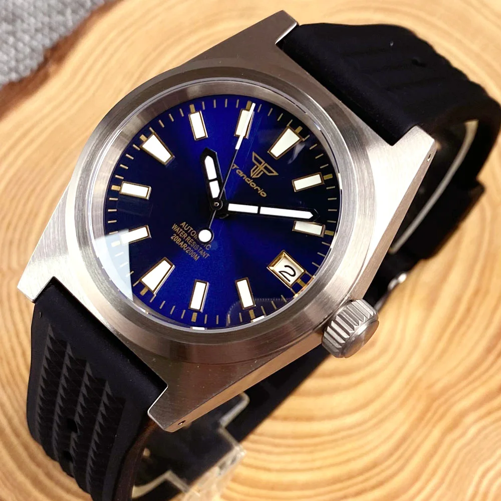 Tandorio 20bar 38mm Selfwindng Watch Men NH35A movt AR Domed Sapphire Glass Brushed Diver Case 316L Sunburst Blue Wristwatch