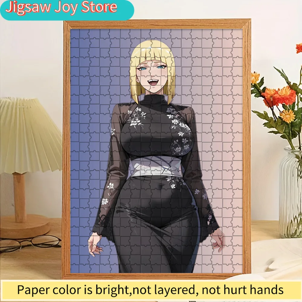 

High Quality Paper Jigsaw Puzzle Anime Samui in Black Sheer Long Sleeve Dress with White Floral Patterns and White Belt on Gradi