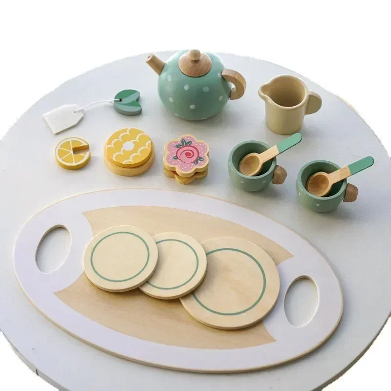 High Quality Wooden Simulate Furniture tea set Dessert Afternoon Tea cookie Play house Interactive Toys baby girl Christmas gift