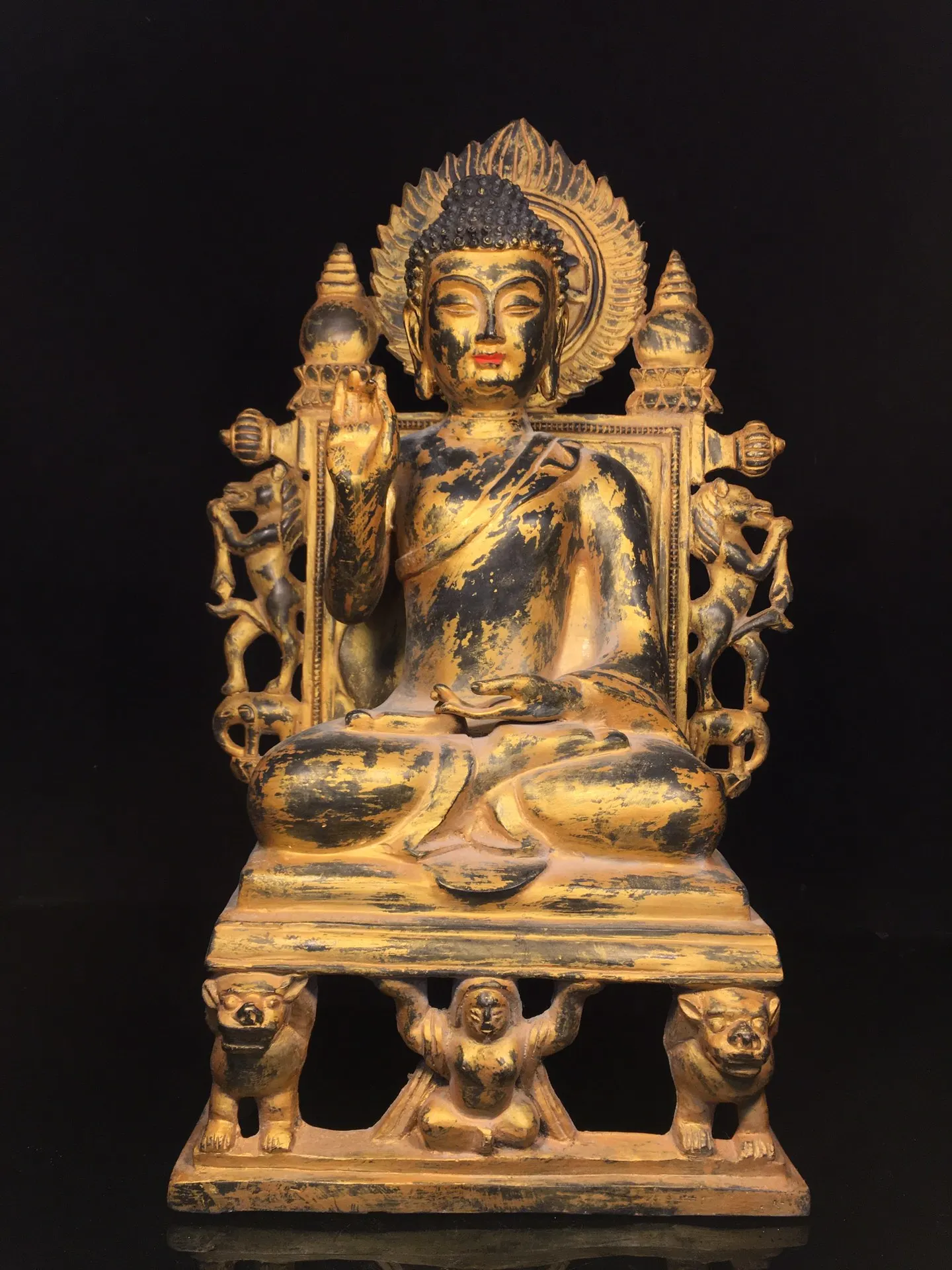 

25"Tibetan Temple Collection Old Bronze Cinnabar Mud gold Northern Wei Buddha Shakyamuni Buddha Platform Amitabha Worship Hall