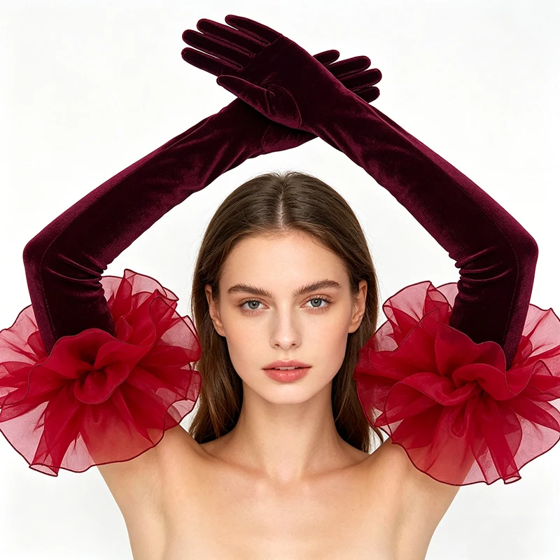 

60CM Elegant Velvet Long Gloves Women Ruffled Tulle Vintage Stretchy Mittens Wedding Bridal Prom Banquet Stage Show Cosplay