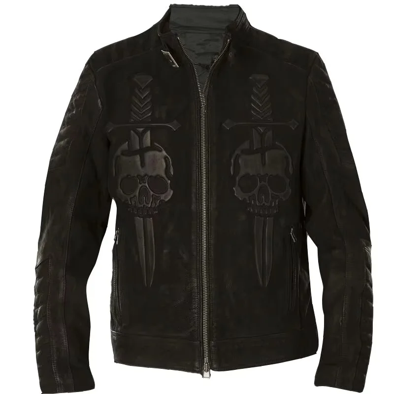 Black Autumn Leather Jacket Men Skulls Pattern Design Plus Size 3XL Genuine Natural Thick Cowhide Slim Fit Leather Coat