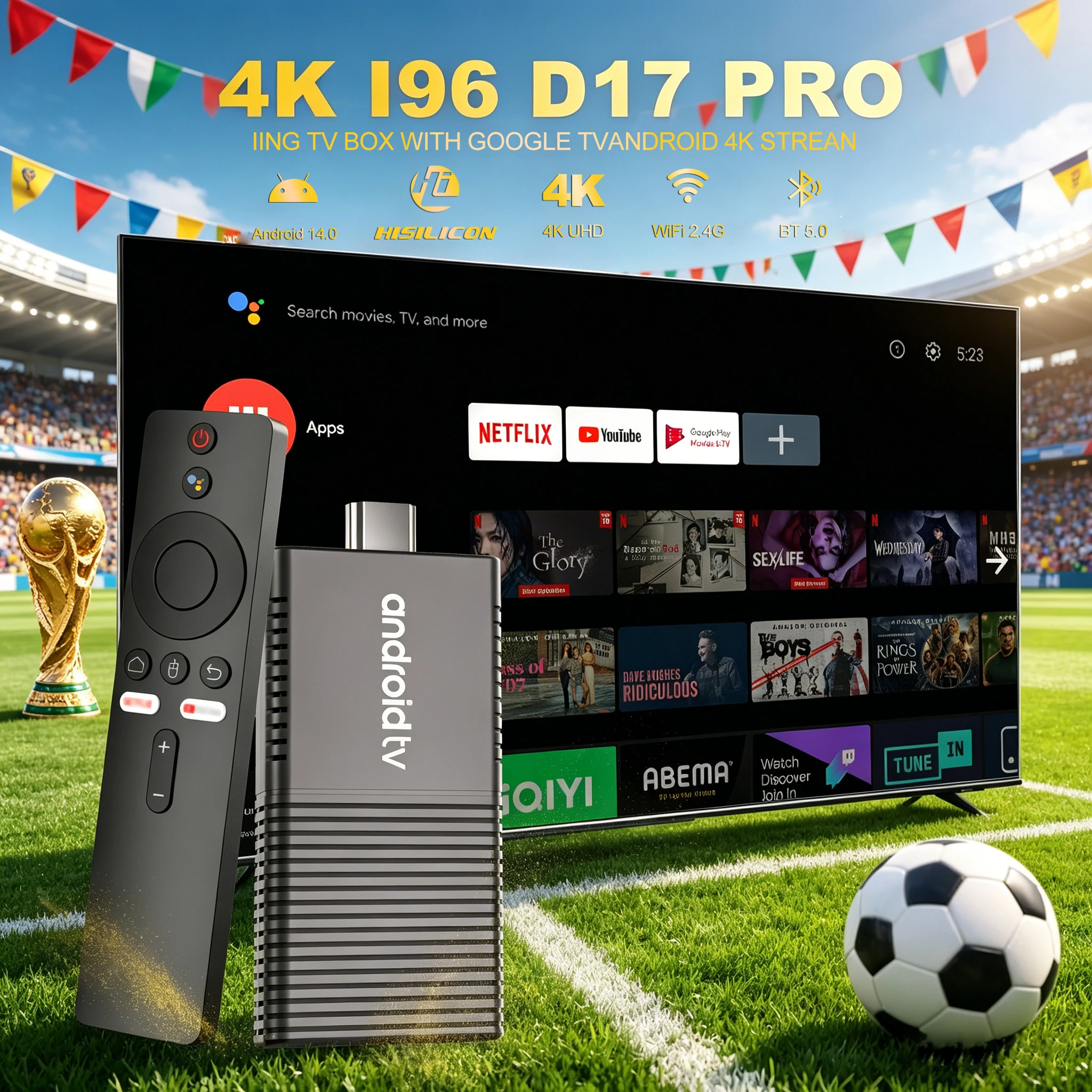 ТВ-приставка Velec Android TV Stick I96 D17 HiSilicon Android 14.0 4K 2.4G 5G WiFi BT с голосовым помощником, медиаплеер для дома, Smart TV Stick