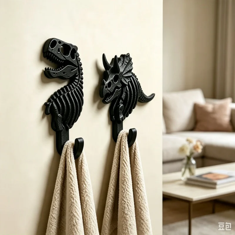 2PCS 3D Printed Plastic Dinosaur Skeleton Wall Hook Set,T‑Rex And Triceratops Hanging Hooks,Wall‑mounted Hanger For Household