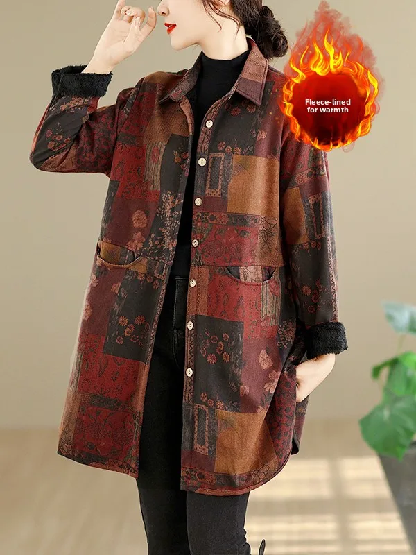 Manteau chaud mi-long pour femme, imprimé rétro, doublé de Fce, grande taille, Long, Sve, bouton unique, col tournant, Cardigan ouvert Sli