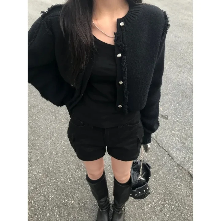 Elegant Knitted Tassel Cardigan Women's round Neck Sweater Short Outerwear Autumn Winter New Style Vintage Korean Fashion