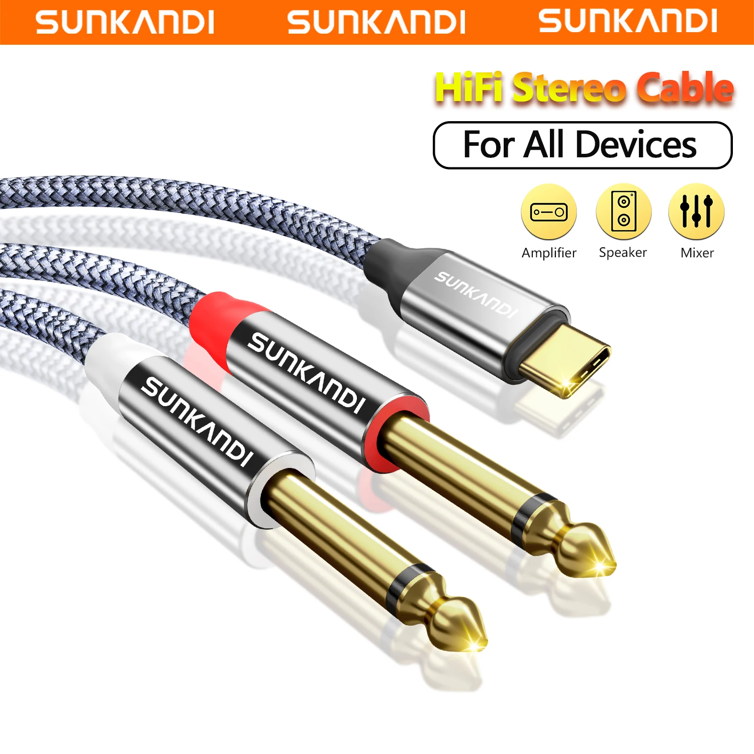 SUNKANDI Cabo de áudio USB C para 1/4", tipo C para divisor TS duplo de 6,35 mm para iPhone16 15, MacBook, Galaxy, mixer, amplificador, alto-falante