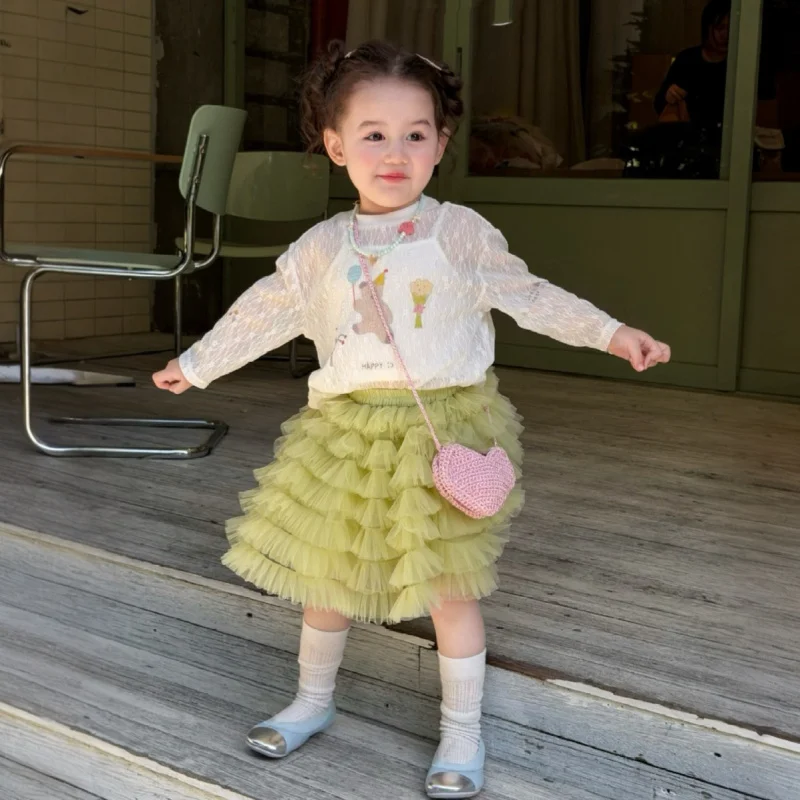 

Girls' Spring Outfit Set2026New style baby girl cartoon bear suspender long-sleeve mesh short skirt two-piece set
