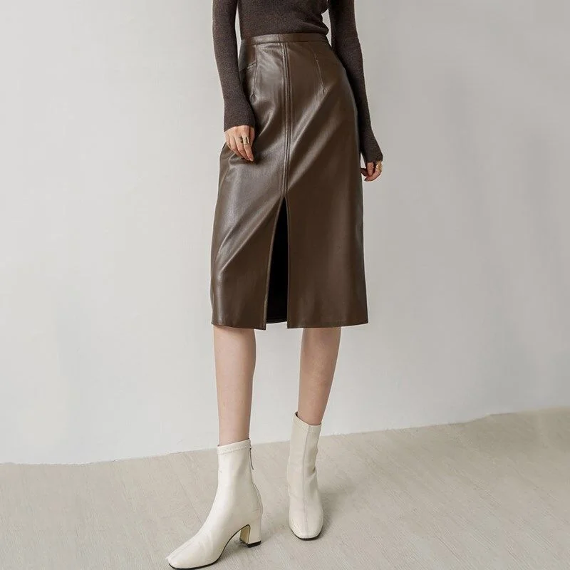 PU Leather Skirts for Women High Waist Fall Straight Elegant Split Midi Skirts Korean Style Oversized Coffee Streetwear Clothes