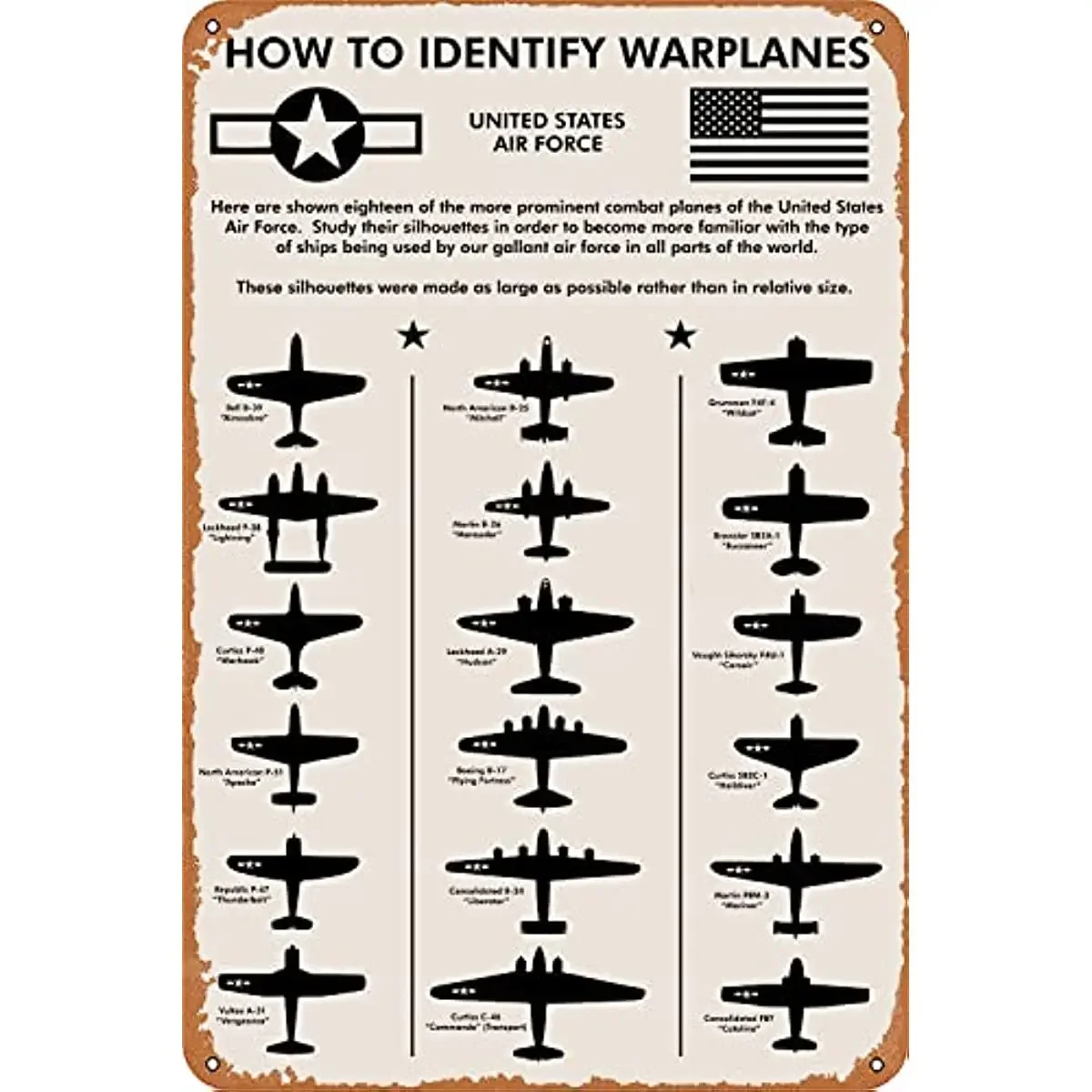 WWII Planes，How To Identify Warplanes Metal Tin Sign 12x8 Inch | Gift for Pilot, Men, Dad, Boyfriend, Him, WallArt,Aviation Art