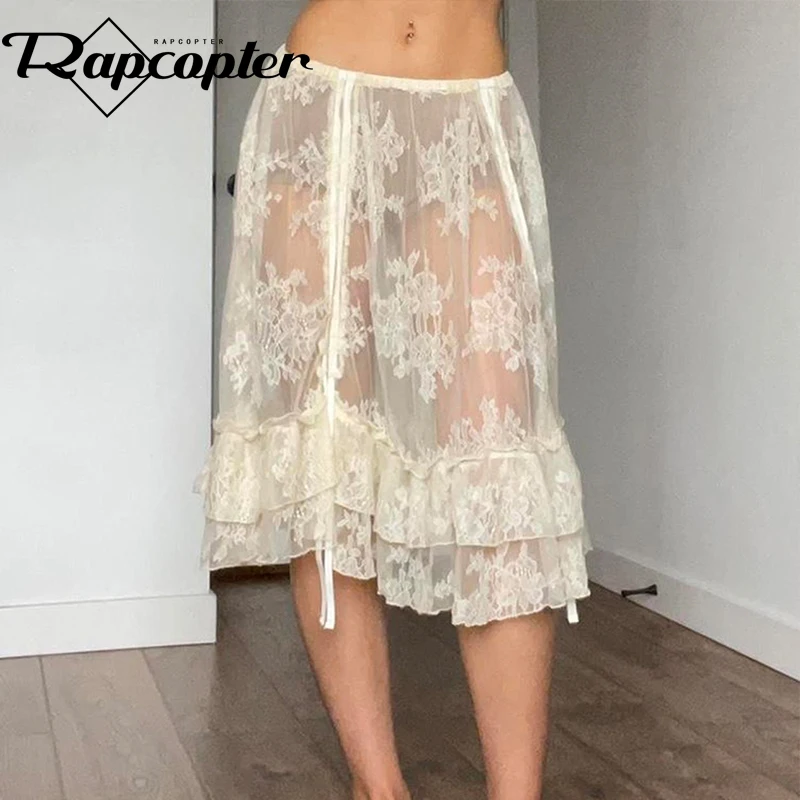 Rapcopter Y2K Lace Mini Skirts Shirring See Through Vintage Long Skirts Ruffles Low Waisted Tie Up Holiday Boho Grunge Skirts