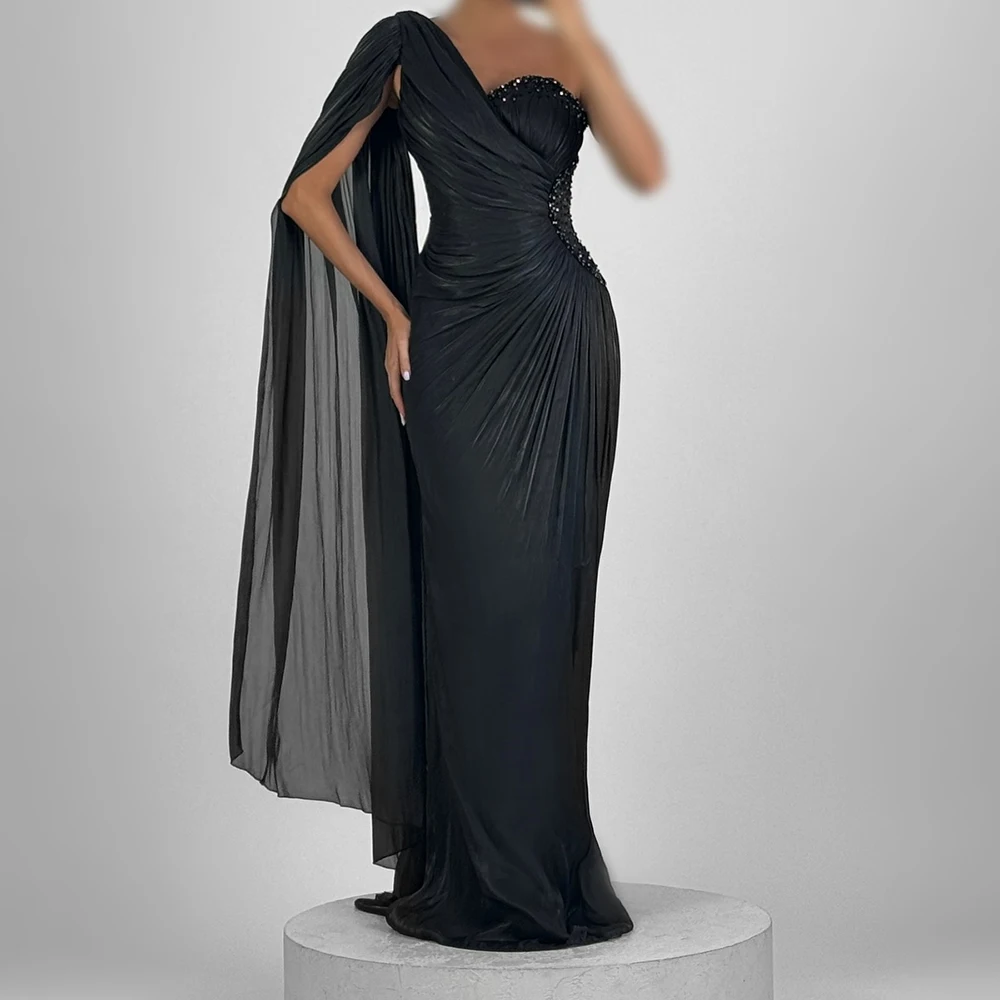 

Customized A-line Evening Dresses Floor-length One-shoulder Sleeveless Prom Gown Fashion Sequined Pleat Simple Draped Party Gown