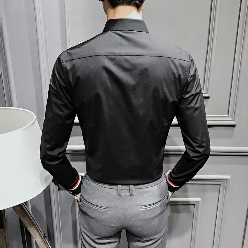 Men's White Long-sleeve Cotton Shirt for Spring/Fall; Black Shirts with Slight Stretch in Asian Sizes; Weddings,Parties, Tops.