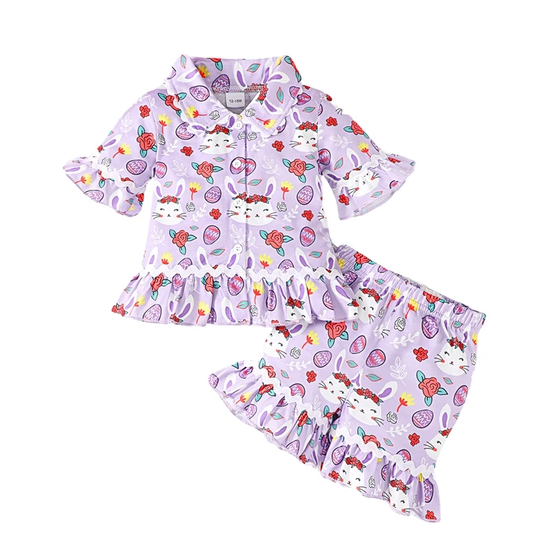 

Toddler Girls Easter Pajamas Set Short Sleeve Cartoon Print Button Down Shirt and Shorts Set Sleepwear
