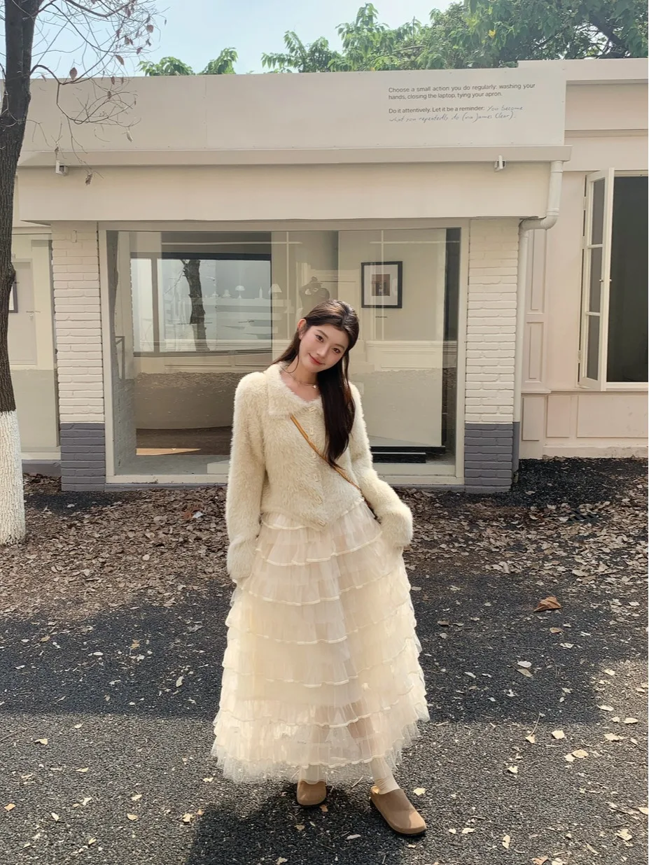 

Kumikumi Gentle Wind Thickened Sweater Coat And High Waist Skirt Set Women's Fashion Two-Piece Suit Autumn Spring Season