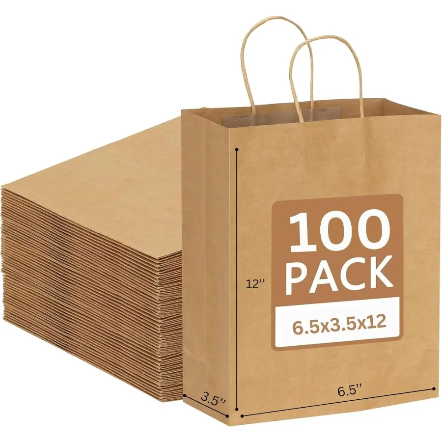 

- 100 Pack 6.5x3.5x12 Inc Medium Plain rown Kraft Paper ags wit andles ulk Gift Wrap ags for Fav Grocery Retail Party irtday So