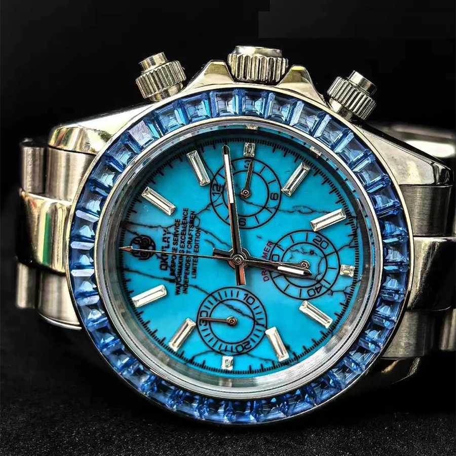 OKPLAY Men Chronograph Watch 39.5mm Customized Modified Quartz Wristwatch Sapphire 100m Waterproof Triple Windows Turquoise Dial