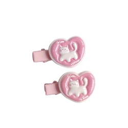 Pink Love Heart Cat Hair Clip Cartoon Sweet Cute Fun Aesthetic Hair Accessories for Women 2023 Trending Hairwear