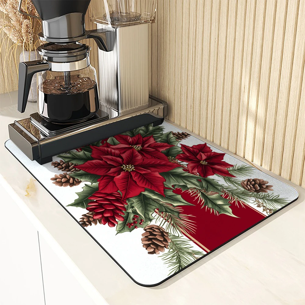 Absorbent Coffee Mat Dish Draining Mat Christmas Holly Pine Kitchen Drying Mat Quick  Bathroom Drain Pad Kitchen Faucet Placemat