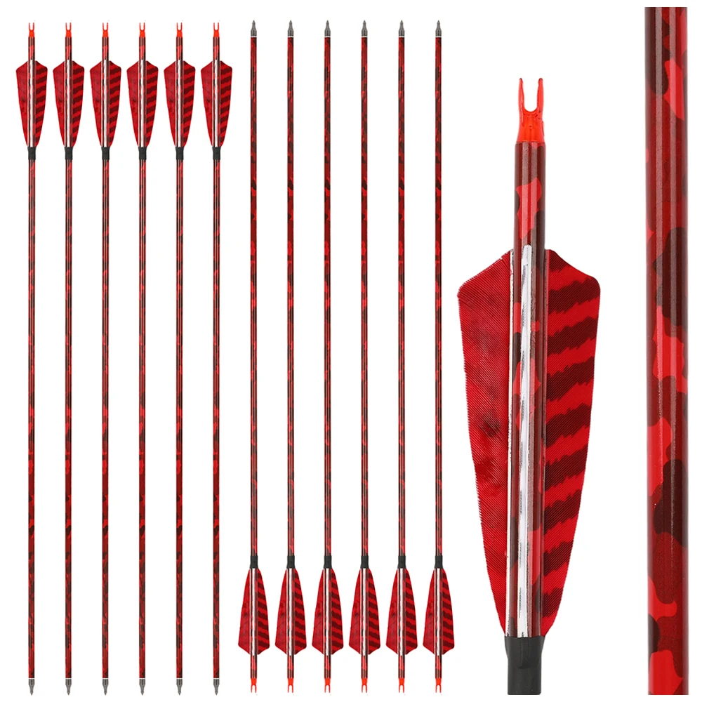 

Archery Carbon Arrows 6/12pcs SP500 Spine 4 Inch Shield Feathers 6.2mm ID 100 Grain Tips for Hunting Practice Shooting