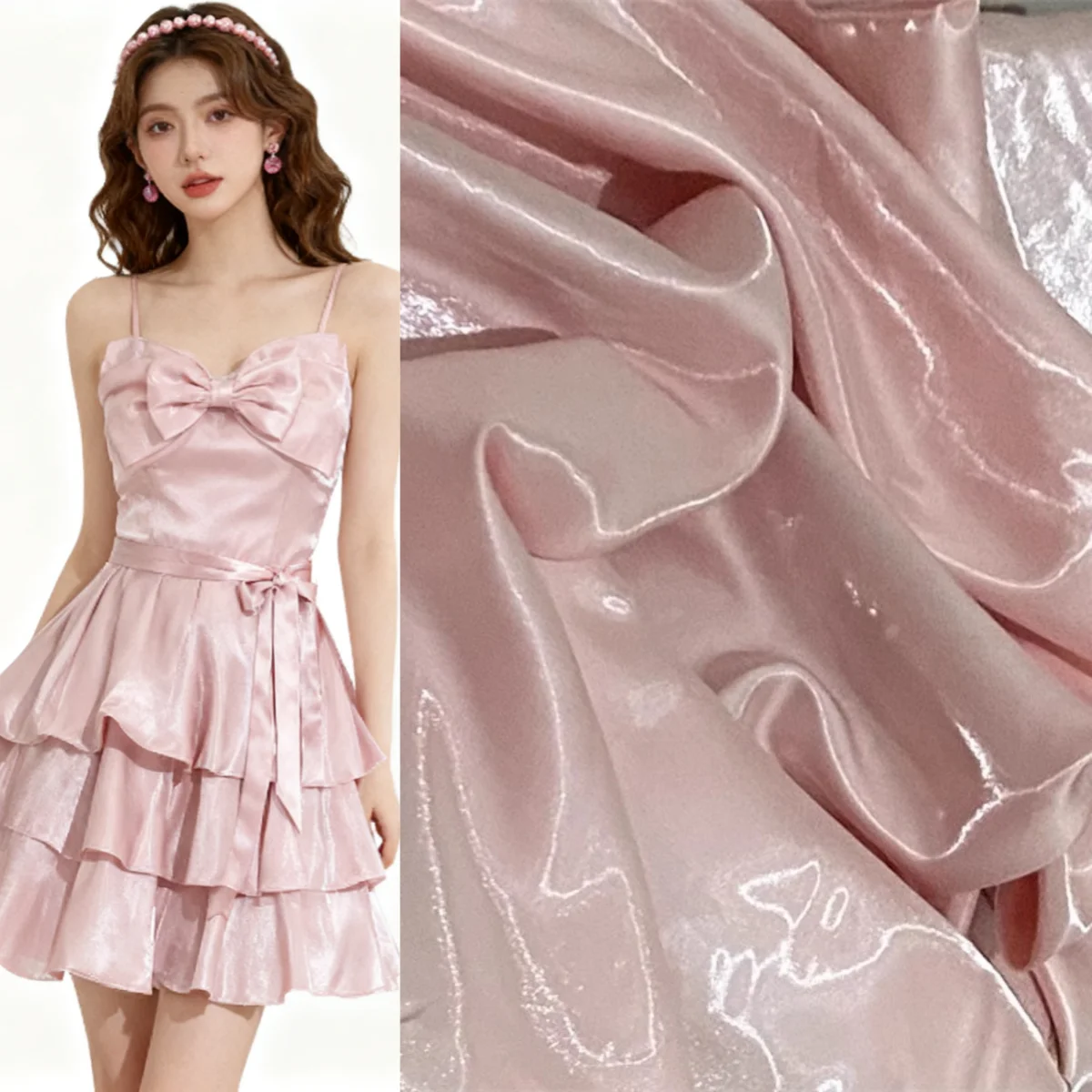 

Light pink glossy crystal silk satin fabric with reflective liquid metallic luster, sold by meter. Designer's fabric