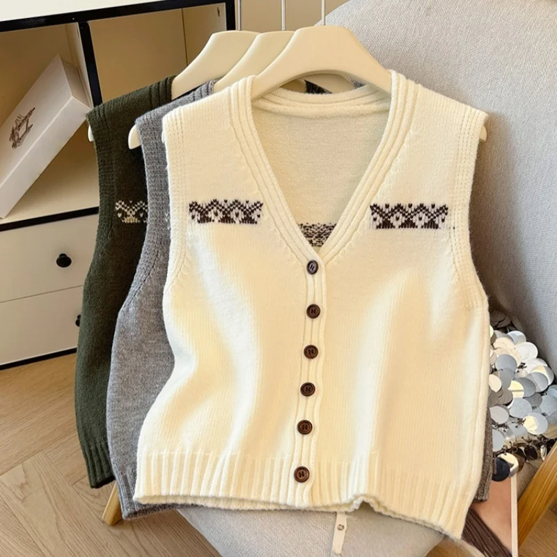 

Винтажный однобортный женский свитер с вышивкой, жилет, новинка 2025, повседневные свободные пуловеры без рукавов с v-образным вырезом, женские
