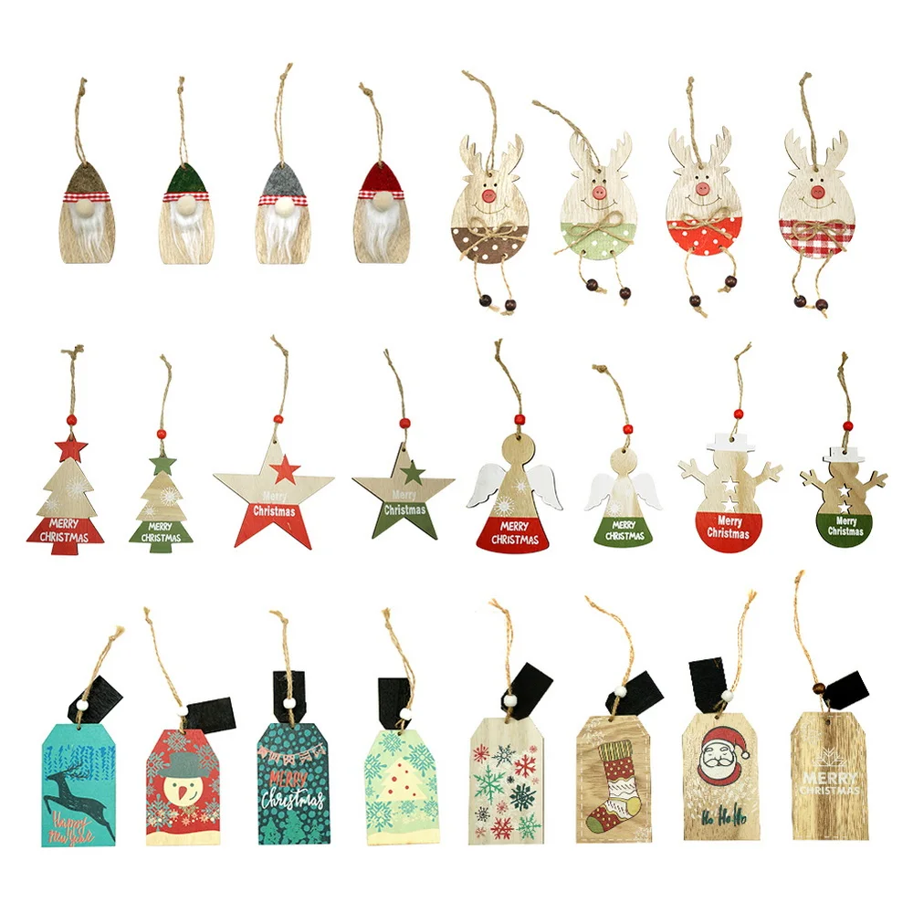 DIY Crafts Wood Hanging String Decoration Wooden Christmas Tree Ornaments Set with Sticker