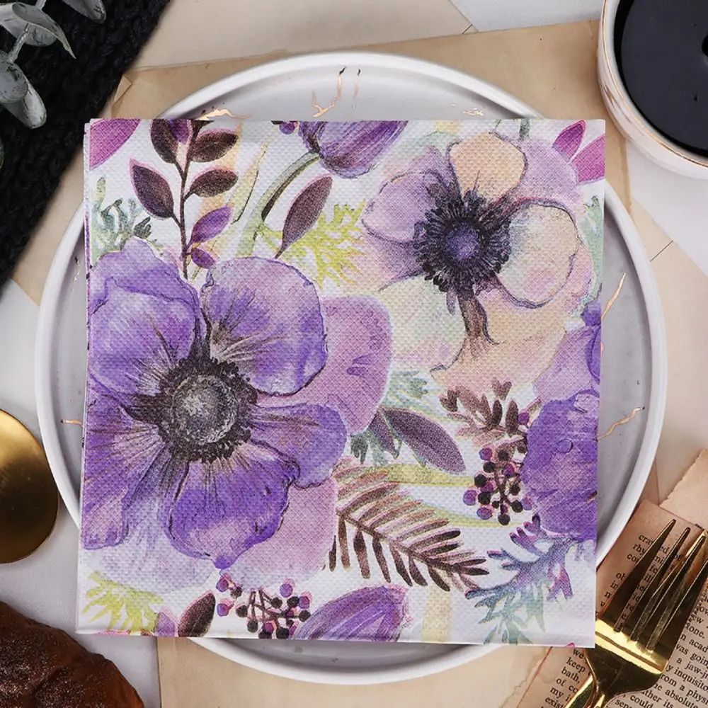 2PACKS 33x33cm Flower Printed Dinner Paper Vintage Disposable Paper Placemat Purple Napkin Tissues Table Paper Napkins Picnic