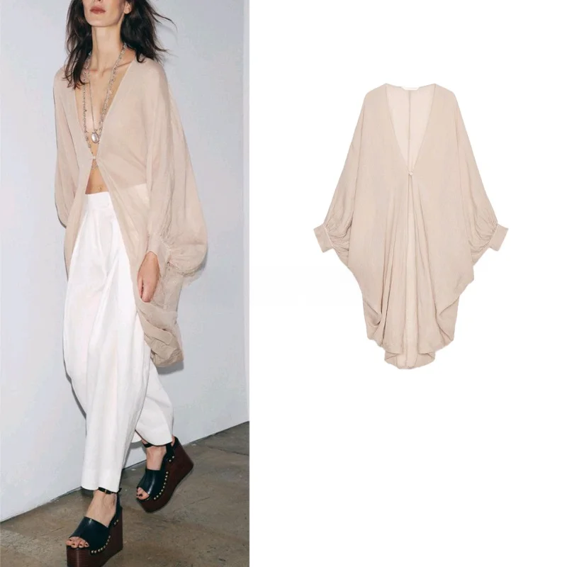 

Women's Summer New Asymmetrical Hem Linen Blend V-ne Long Sve Long Top Loose Fit Breathable Polyester Casual irt