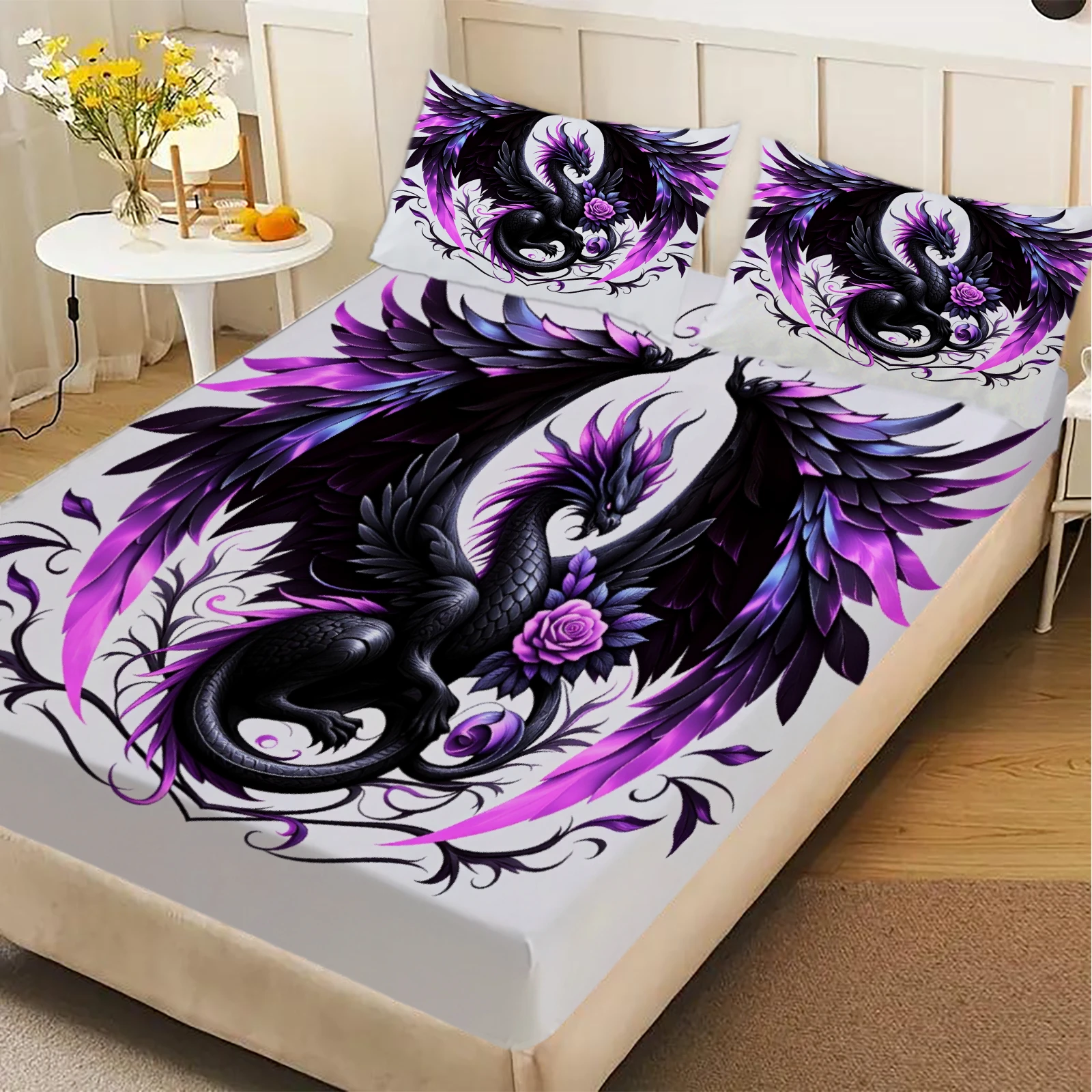 3pcs Fitted Sheet Set Dragon And Rose 3D Printed Purple Black Dragon Pattern Bed Sheet With Pillowcases For Bedroom Decor