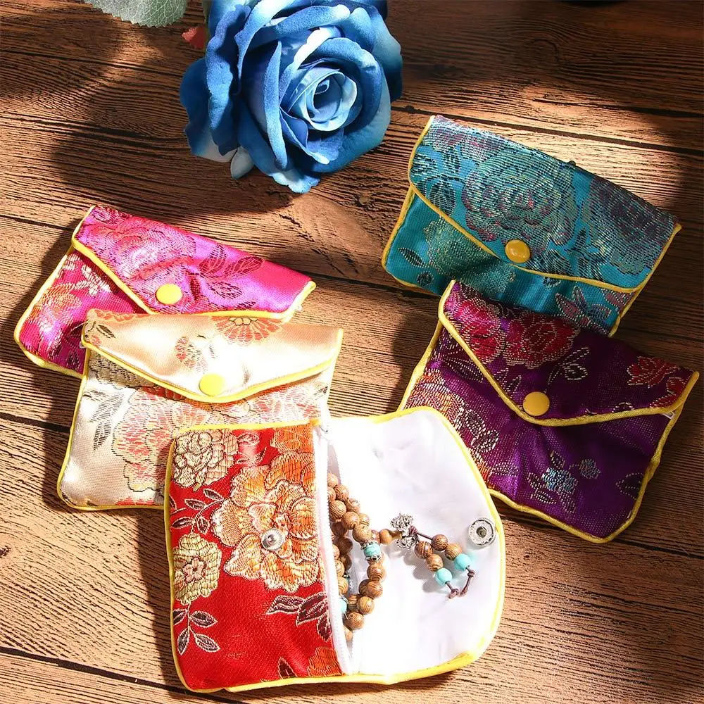 

Gifts Necklace Chinese Floral Snap Coin Purse Silk Embroidery Brocade Handmade Handbags Jewelry Storage Wallet Jewelry Bag