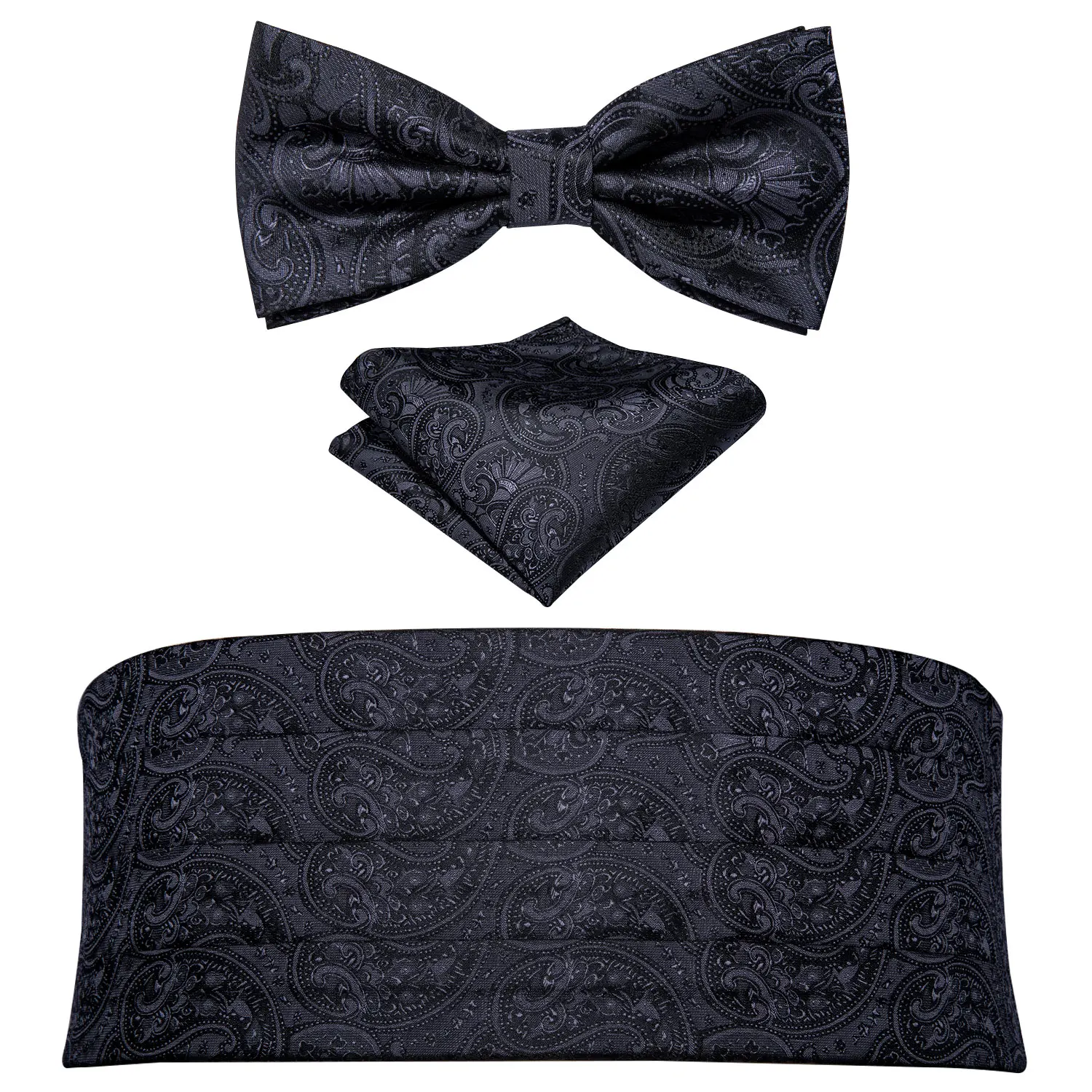 Esmoquin de Cachemira de seda para hombre, corbata de lazo, conjunto cuadrado de bolsillo, cinturón elástico ancho Formal negro para hombre, fiesta