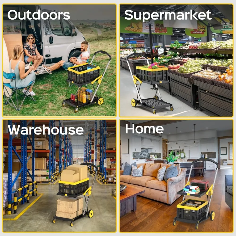 عربة تسوق قابلة للطي بعجلات، عربة بقالة بسعة تحميل 200 رطلاً مع صندوق تخزين، شاحنة يدوية بمنصة مع مسند للقدمين #3