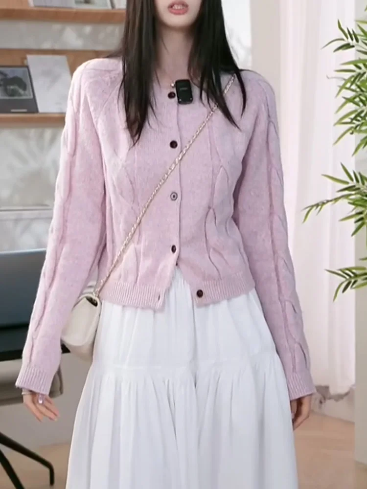 

Korean Sle Sweet Pink Twisted Knit round Ne Open Cardigan Autumn New plus Size Versatile Women's Top Warm Long Sve Cas...