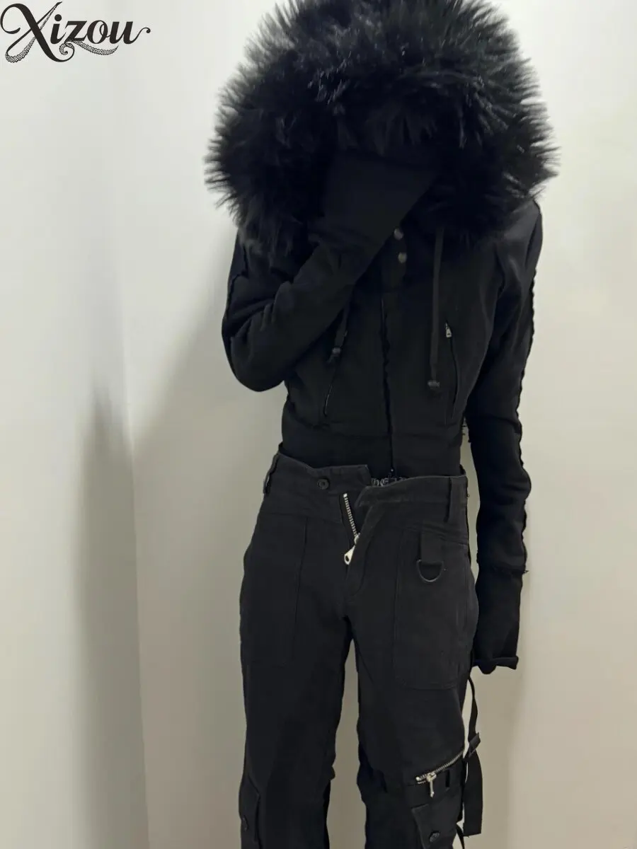 

Retro Rock Slim-Fit Short Jacket Yabi Vintage Fur Collar Y2K Slim Fit Long Sleeve Zipper Hoodie Coat Black Winter Women 2026