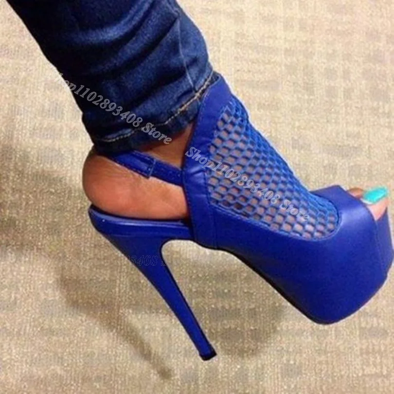 Blue Net Platform Stiletto Sandals Elastic High Heels British Style New Fashion Summer Dress Party Shoes Zapatos Para Mujere