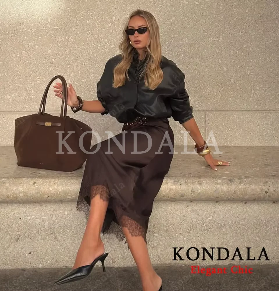 

KONDALA Women Luxury Black Brown Skirt Long Lace Satin Straight Skirt 2025 New Autumn Fashion Elegant Party Dinner Mujer Skirt