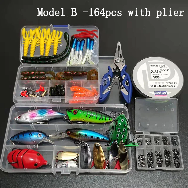 Mixed Spoon Fishing Lure Kit, VIB Soft Lure, Sapo Minnow Popper Ganchos, Todos Acessório De Pesca, água doce, B225, 164Pcs