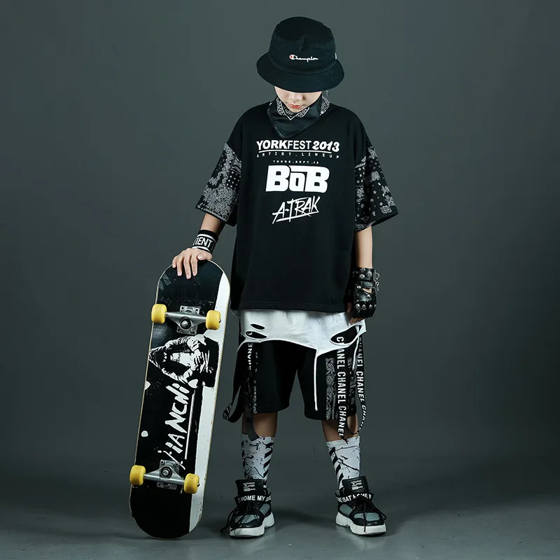 Korean street dance children's fashion suit, hip-hop short sleeved set, boys' hip-hop performance suit, cashew fruit girl perfor