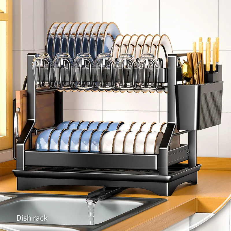 

Kitchen Dish Bowl Drainer Rack with Drain Basket 2 Tier Dish Chopsticks Knife Fork Water Cup Storage Rack Counter Organizer