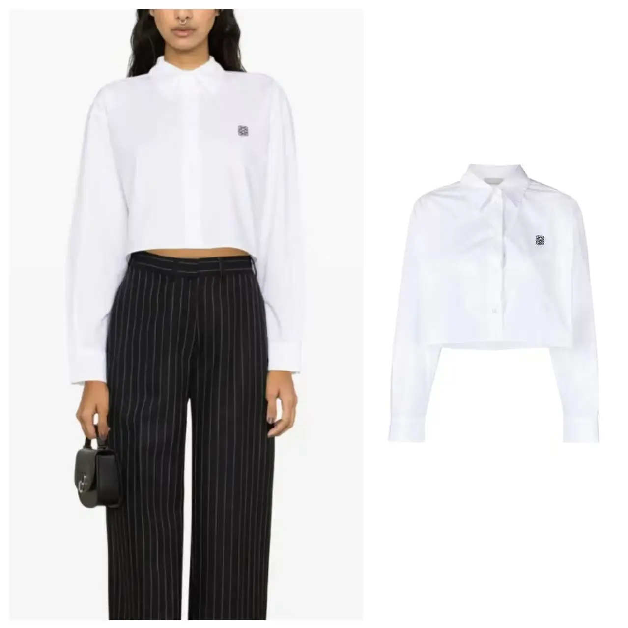 

Miniature High Waist White Shirt Simple Embroidery Cotton Spring Bag 26 Commute Style Loose Fit Long Sleeve Short Length