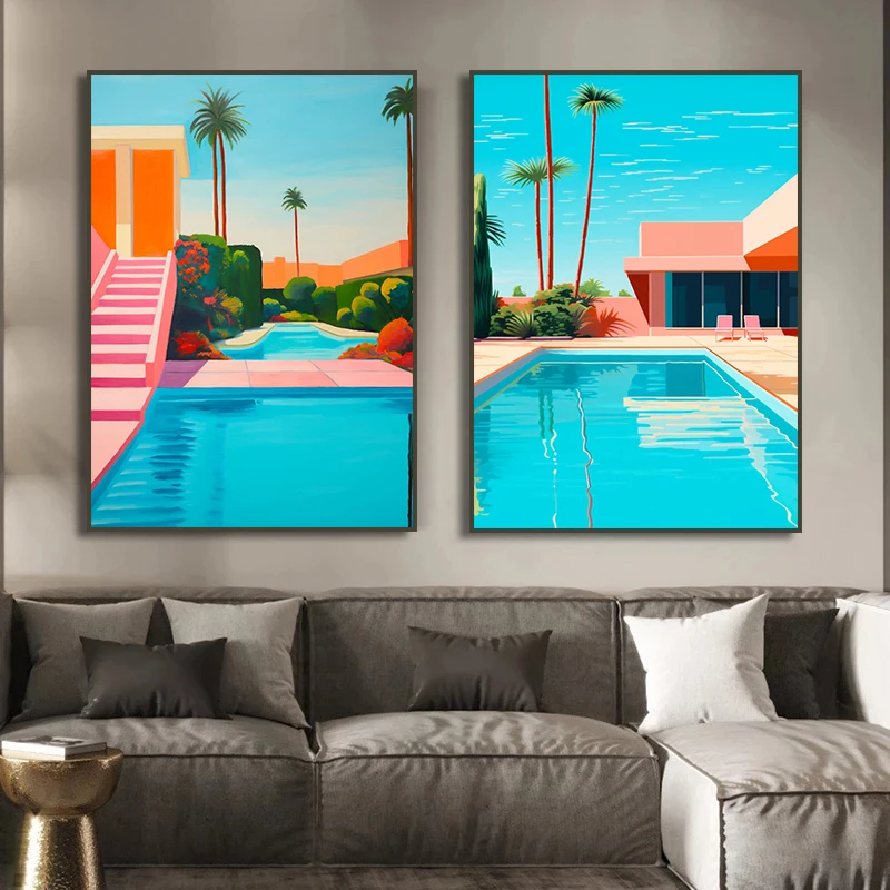 Palm Springs Sunset Pool Print Retro Architecture Poster Wall Art Canvas Painting Print Moody Pictures Cottage Boho Home Decor