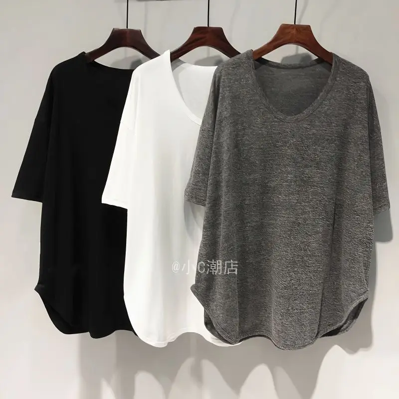 Nice New Women's Clothing Special Tops Tees Chubby MM Summer Korean Version Loose V-neck Medium Long Short Sleeved Ins Trend T-S