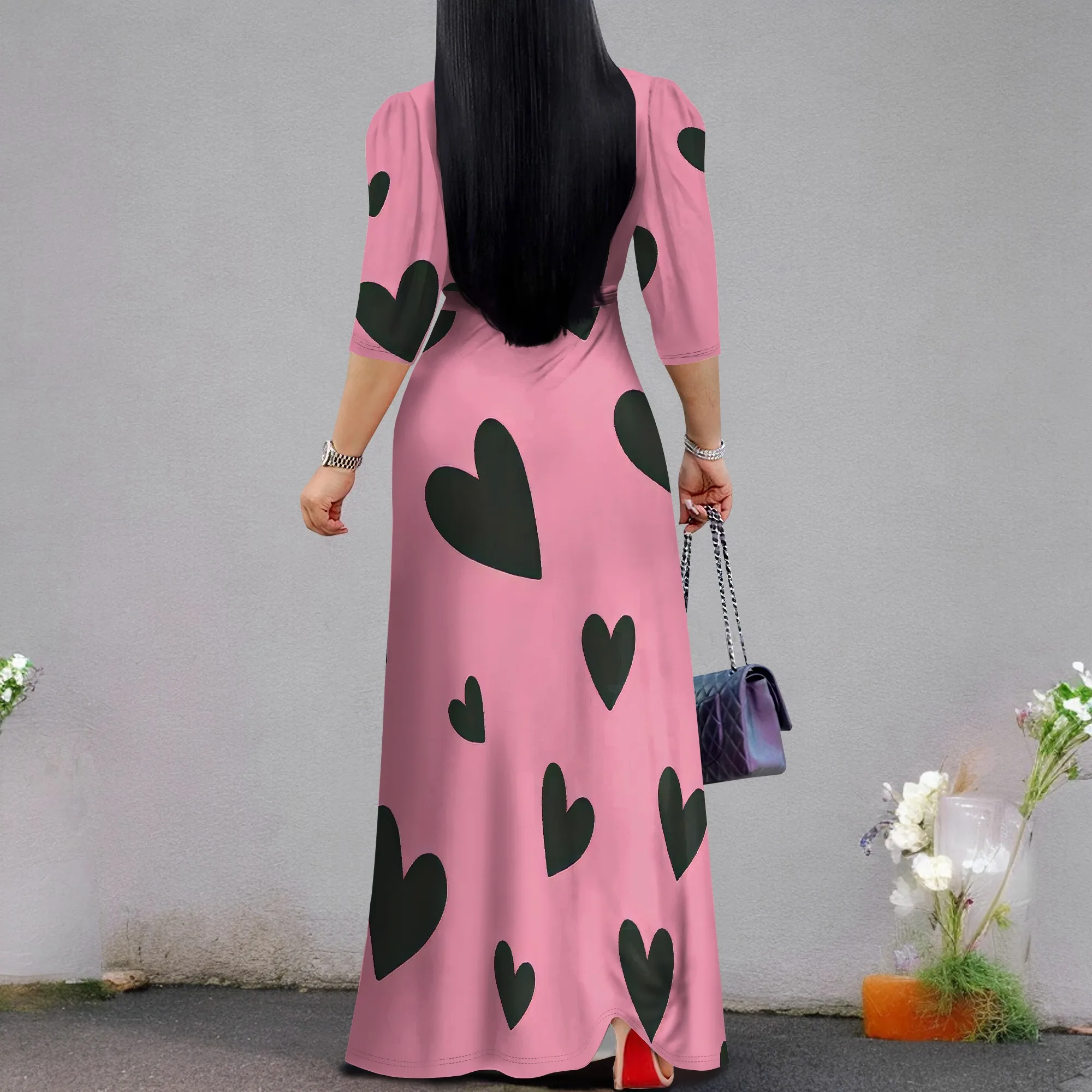 Plus Size Dresses for Curvy Women Casual Long Maxi Cocktail Party Dress V Neck 3/4 Sleeve with Belt Sundress Empire Waist